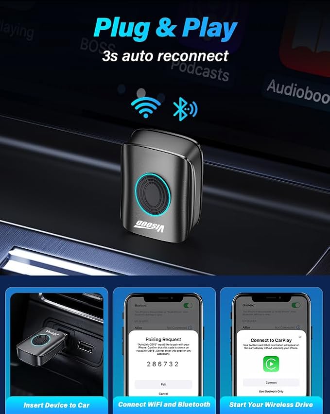 2026 Upgrade Wireless CarPlay Adapter for iPhone & Android Auto Adapter, Multi-User Seamless Connection for Convert Wired to Wireless, Plug & Play, Zero Delay