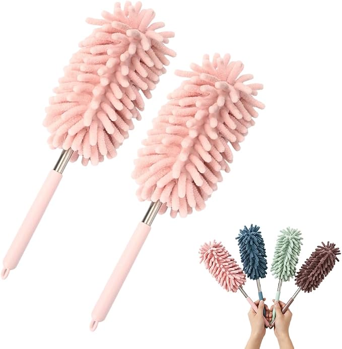 2 PCS Mini Extendable Car Duster Brush,Microfiber Car Duster, Cars Dusters Exterior&Interior Scratch Free, for Cleaning of Vehicle Details, Offices, Windows (Pink)