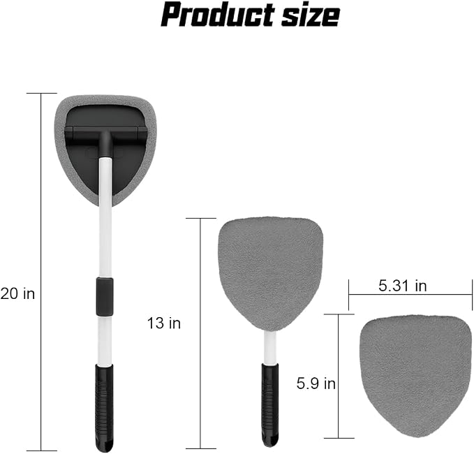 Car Windshield Cleaner Tool, Vehicle Window Detailing Cleaning Kit with Extendable Handle & 4 Washable Microfiber Pad, Auto Glass Wiper Cleaner for Exterior & Interior, Universal Fit (Gray)