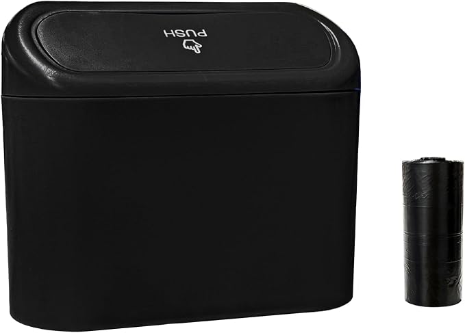 Car Trash Can Bin with Lid, Mini Portable Auto Garbage Can with 15Pcs Trash Bags, Waterproof Leakproof Small Garbage Organizer, Car Dustbin for Vehicle, Home, Office (Black)