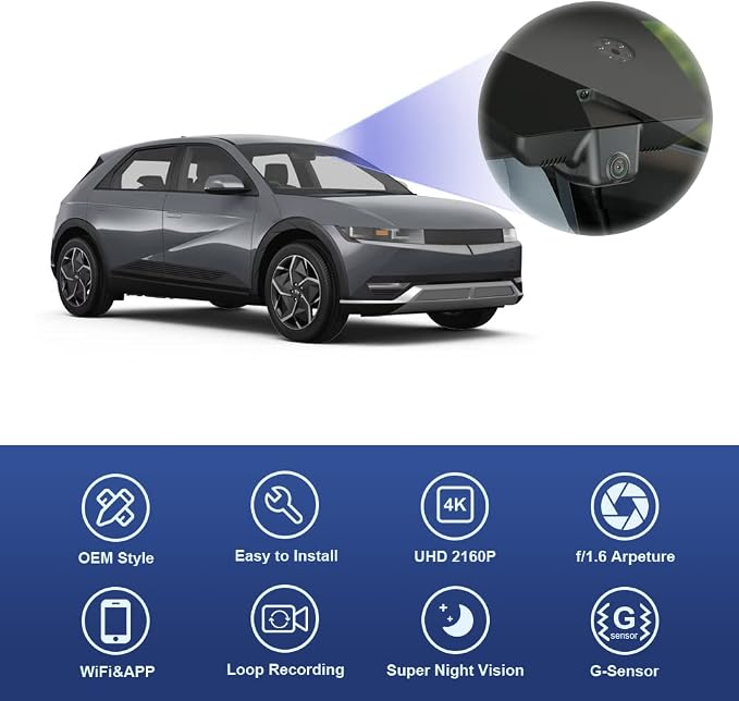 4K Dash Cam Suitable for Hyundai IONIQ 5 2022-2024 (6 Vents) SE Standard Range SEL Limited, OEM Look, UHD 2160P Video, Built-in WiFi & APP, Loop Recording, G-Sensor, Plug & Play, 64GB Card