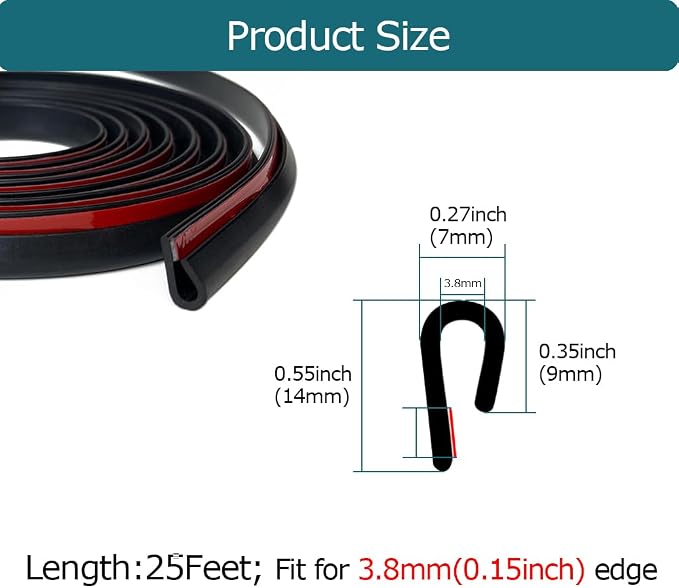 Rubber Edge Trim Black, U Channel Rubber Seal Strip with Self-Adhesive Tape, Fit for 0.15" Edge, 25Ft