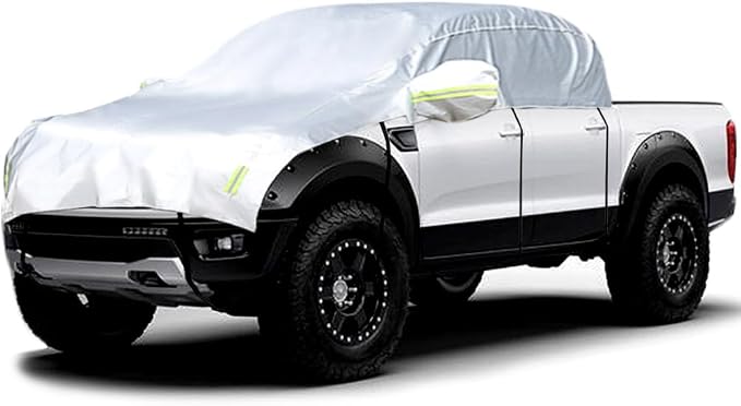 Half Car Cover Windshield Cover Car Body Cover for All Season Sunshade Cover Snow Cover Waterproof 210D Polyester with Cotton (Fit Small and Medium Size Pickup (Crew Cab))