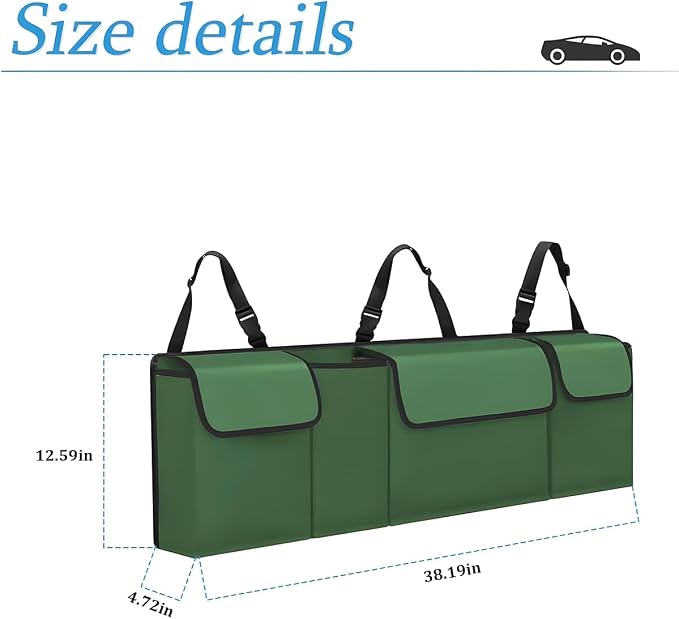 Car Trunk Organizer, Backseat Hanging Large Storage with Adjustable Straps, Waterproof Collapsible Cargo Bag with 4 Pockets, Sturdy Space Saver Frees Trunk Floor for SUV, Truck, MPV