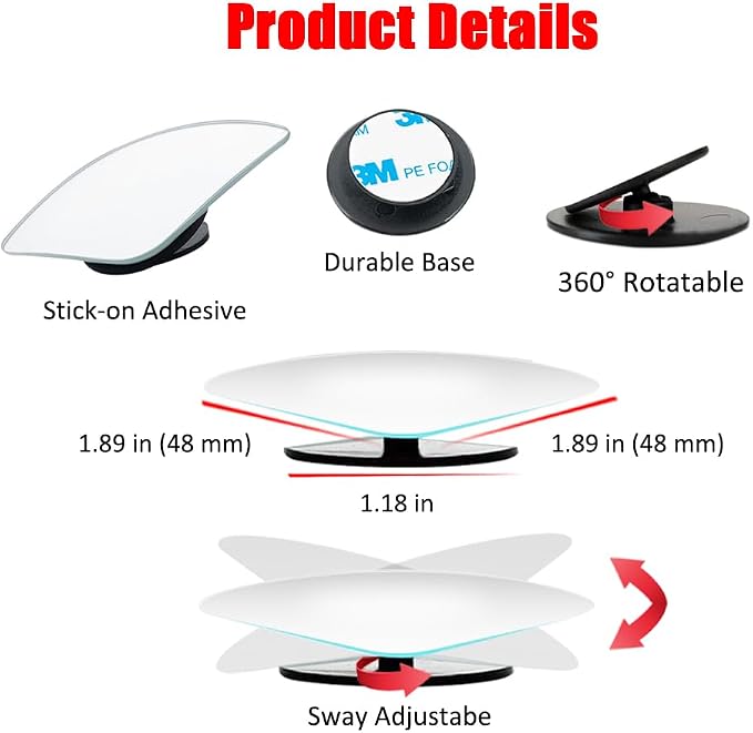 Blind Spot Mirror Fan Shaped, HD Glass Frameless Stick on Adjustabe Few Convex Wide Angle Rear View Blind Spot Car Mirror for Car Blind Spot, Pack of 4