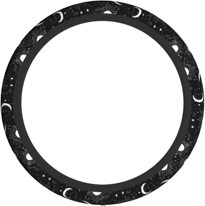 Black White Sun Crescent Stars On A Blue Mystical Ornament Steering Wheel Cover Car Accessories Cute for Women Girls Girly Universal 15 Inch Neoprene Auto Interior Decor Anti Slip Car Truck Protector