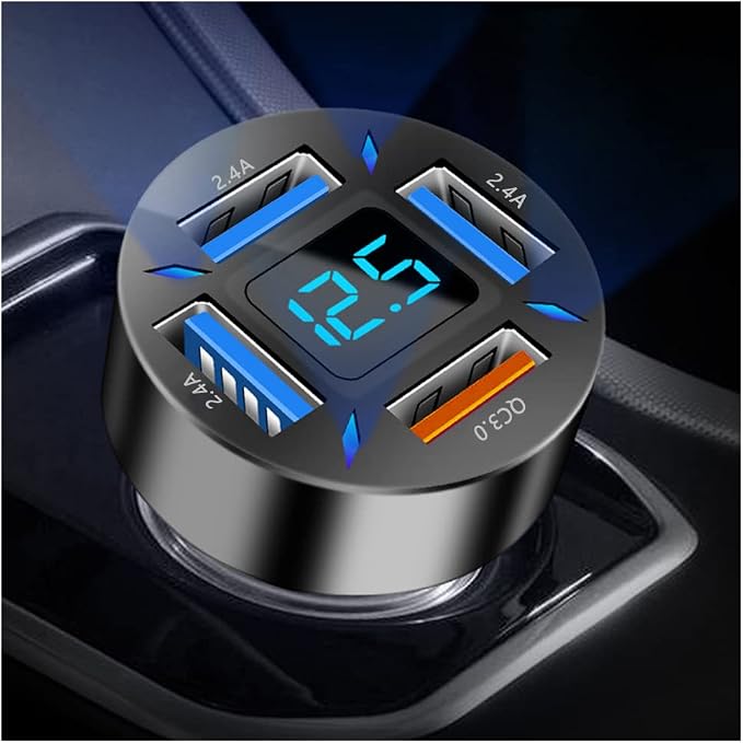 4-in-1 Car Charger 66W Super Fast Charging with USB 2.4A&QC 3.0(Voltmeter&LED Lights) Universal Quick Charge for 12-24V Car Cigarette Lighter Plug(Black-QC/2.4A)