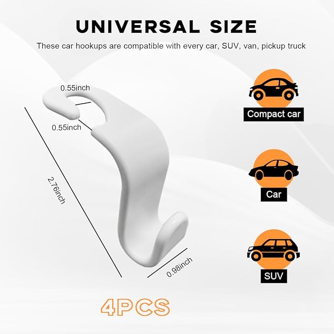 4PCS Car Seat Headrest Hook, Auto Back Seat Hanging Storage Organizer, Vehicle Seatback Hanger Holder for Purse Handbag Coat Umbrella, Universal Interior Car Accessories (White)