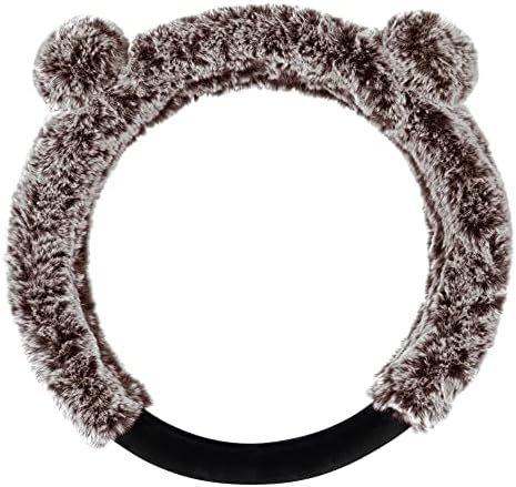 Bear Fur Steering Wheel Cover, Plush Faux Fur Fuzzy Steering Cover for Car Truck Van SUV, Standard Size Fits Wheels 14.5-15 in Diameter, Brown with Ears