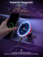 for Magsafe Car Mount Charger-15W Wireless Car Charger-Magnetic Car Phone Holder for Dash Air Vent-LED RGB HandsFree Car Mount Fast Car Charger for iPhone 16 15/14/13/12 Series RED