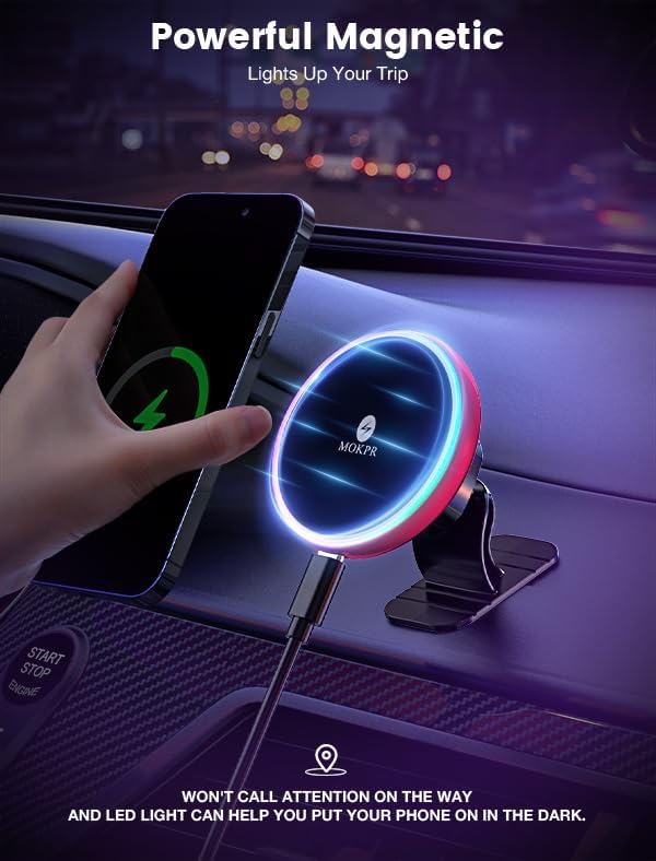 for Magsafe Car Mount Charger-15W Wireless Car Charger-Magnetic Car Phone Holder for Dash Air Vent-LED RGB HandsFree Car Mount Fast Car Charger for iPhone 16 15/14/13/12 Series RED