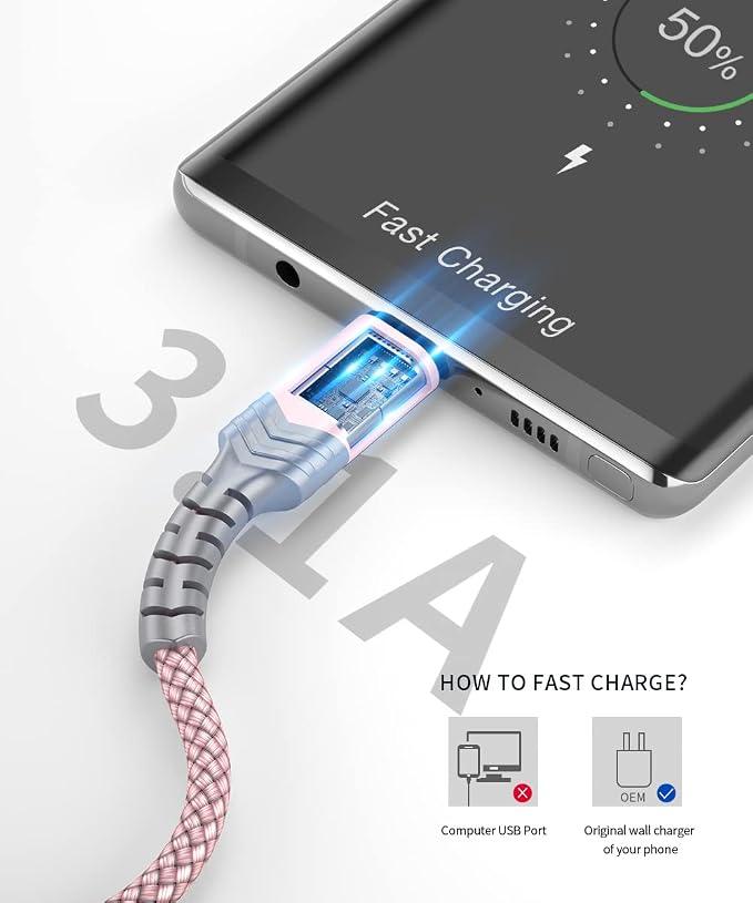USB-C to USB A Cable 3.1A Fast Charging [2-Pack 6.6ft], iPhone 15 USB Type C Charger Cord Compatible with iPhone 15/15 Plus15 Pro/15 Pro Max, Samsung Galaxy S20 S10 S9, Note 20 10, LG G8 G7-Pink