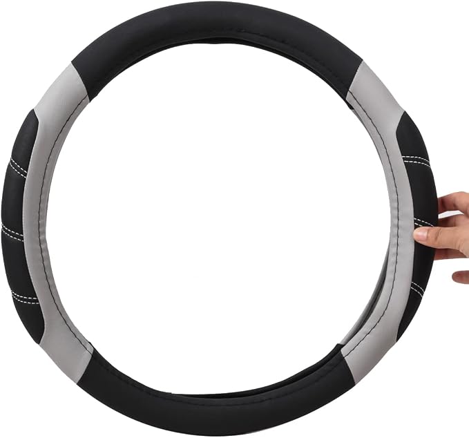 Line Rider Microfiber Leather Sporty Steering Wheel Cover Universal Fits for 95% Truck,SUV,Cars,14.5-15inch Anti-Slip Safety Comfortable Desgin (Black-Gray)