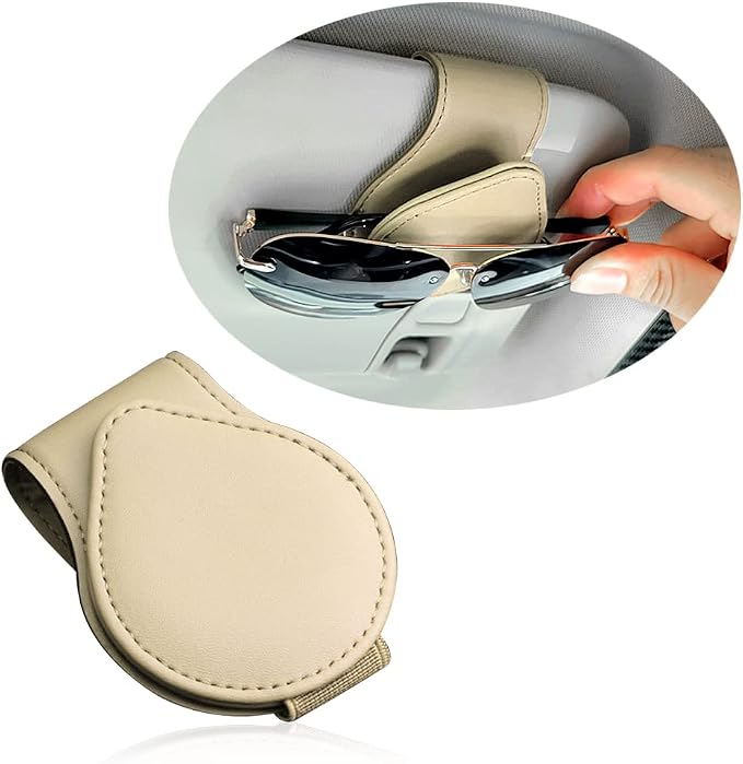 Magnetic Sunglass Holder for Car Visor,PU Leather Car Sunglass Holder Organizes Glasses Tickets Cards & Keeps Car Tidy,Universal Car Accessories Interior (Khaki)