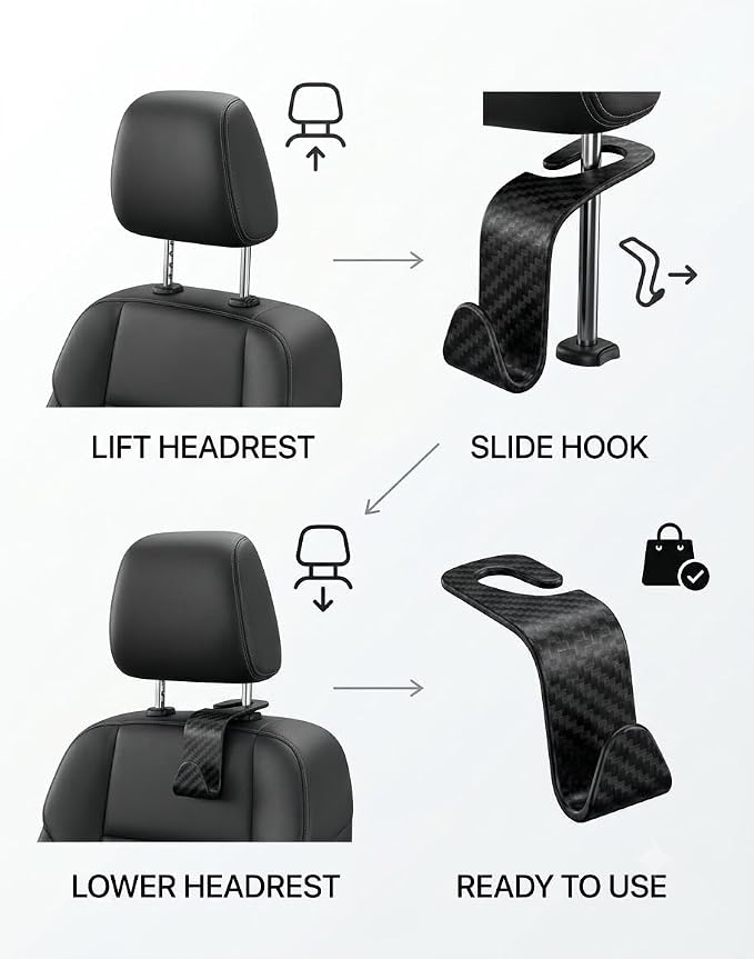 Carbon Fiber Car Seat Headrest Hooks, 4 Pack Car Back Seat Organizer Hooks for Handbags, Purses, Groceries, Coats and Accessories, Universal Vehicle Storage Hanger Hooks for Cars, SUVs and Trucks