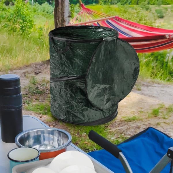 Collapsible Trash Can - Pop Up 44-Gallon Outdoor Portable Garbage Bag Holder with Zippered Lid - Recycle Bin for Camping or Parties by (Green)