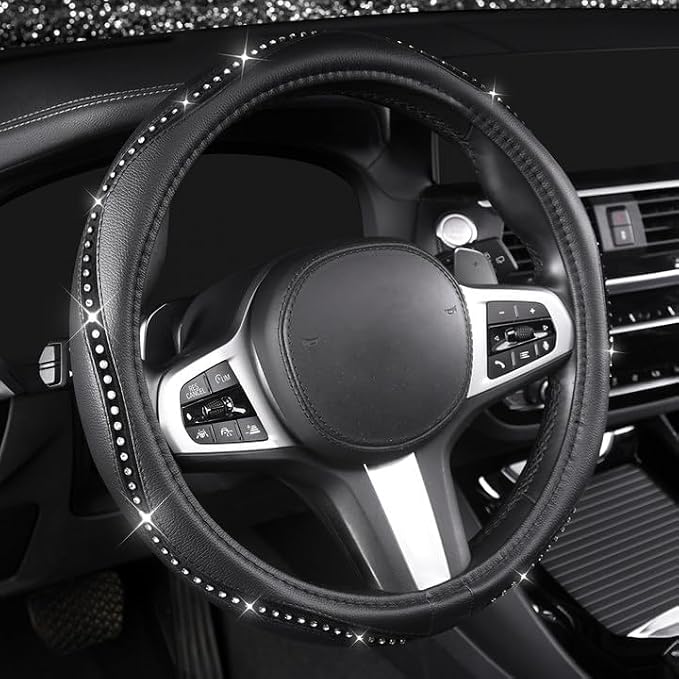 Bling Steering Wheel Cover - Crystal Studded Rhinestone Non-Slip Breathable Design for Women/Girls, Universal Fit 14.5-15 Inch Black