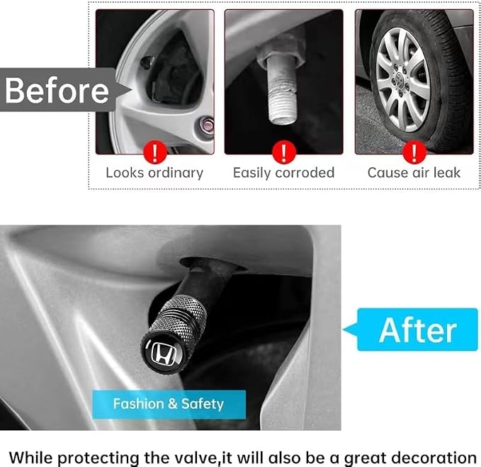 Tire Valve Stem Caps for Honda Metal Car Wheel Air caps Auto Valve Stem Caps Accessories 4 Pcs Black