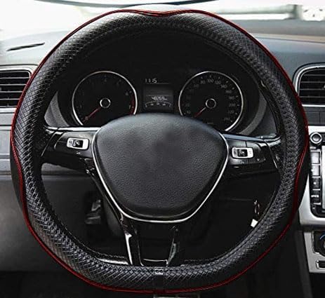 Flat Bottom Steering Wheel Cover Anti-Slip,Safety,Soft,Breathable,Durable,Full Surround,Comfortable Grip Microfiber Leather (D-Shape,Black Red)