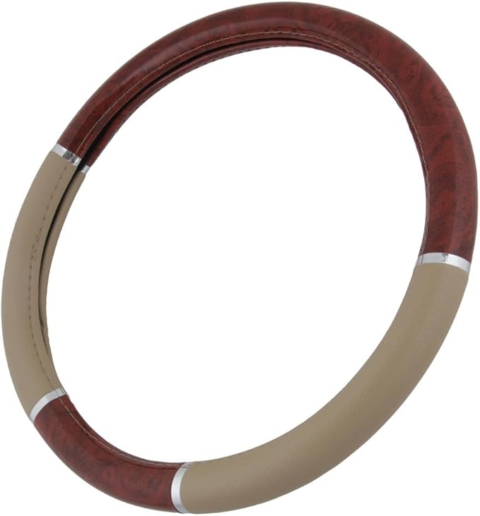 Dark Wood Grain Car Steering Wheel Cover, Standard 15 inch with Beige Faux Leather Grip, Made to Fit Most Auto Truck Van SUV