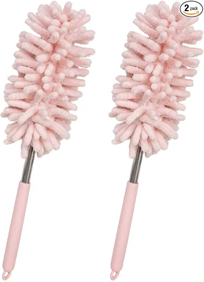 2 PCS Car Interior Duster with Extension Pole, Stretchable Chenille Vehicle Dusters with Bendable Head, Scratch Free Dusters Soft Cleaning Tool for Car Exterior & Interior (Pink)