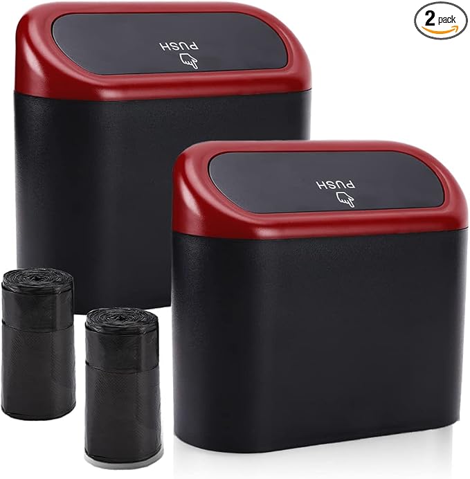 Car Trash Can with Lid, 2 Packs Mini Vehicle Trash Bin Car Dustbin Garbage Organizer Holder with 2 Roll Trash Bag, Portable Hanging Leakproof Cars Storage Bag Container for Auto, SUV (Red)