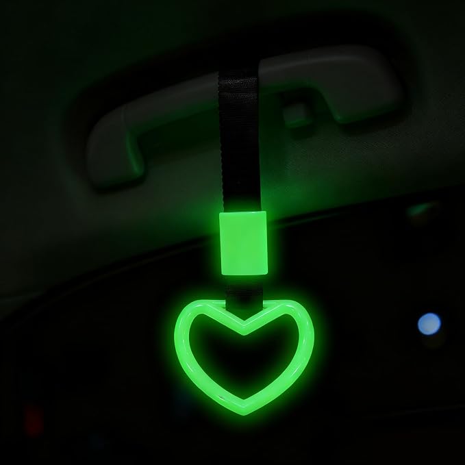 2 Pcs Heart Shaped Car Handle Strap – Drift Charm Rear Bumper Warning Ring Decor for Car Interior Exterior, Subway Bus Handle Accessory, Cute Heart Car Decor Gift for Women & Men (Luminous Green)
