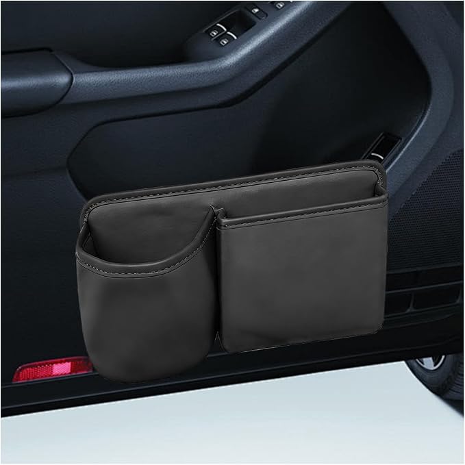 Car Side Door Organizer, Leather Auto Back Seat Storage Pouch with Cup Holder, Car Console Side Trash Can, Universal Vehicle Interior Organizer Pocket for Phone, Coin, Sunglasses (Black)