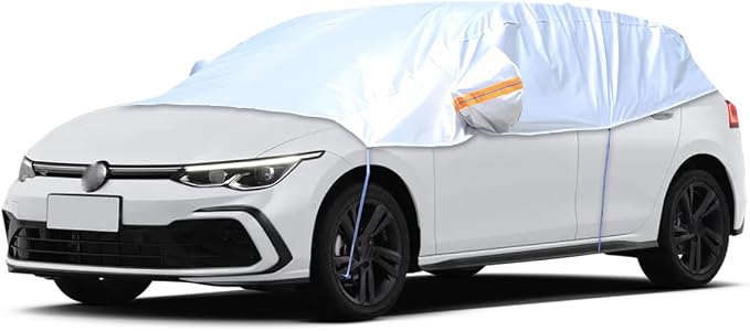Half Car Cover for Sedan, Waterproof & Dustproof & Snowproof Automotive Windshield Covers, All-Weather Auto Sun Protection with Reflective Straps, 150" Vehicle Sunroof Cover (Hatchback)