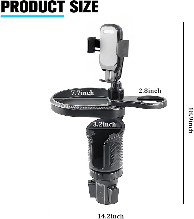 Car Cup Holder Tray, 3 in 1 Multifunctional Vehicle Food Water Bottle Phone Holder Expander Adapter with Adjustable Base, Detachable Auto Interior Food Tray Table, Universal Fit (Gray)
