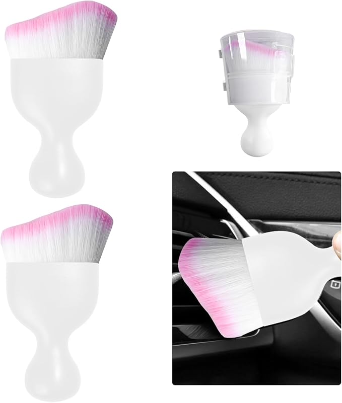 2 PCS Car Detailing Brush, Curved Soft Bristles Auto Removal Dust Collectors, Universal Vehicle Dashboard, Air Conditioner Vents etc Interior Cleaning Tool Accessory (White/White/Pink)