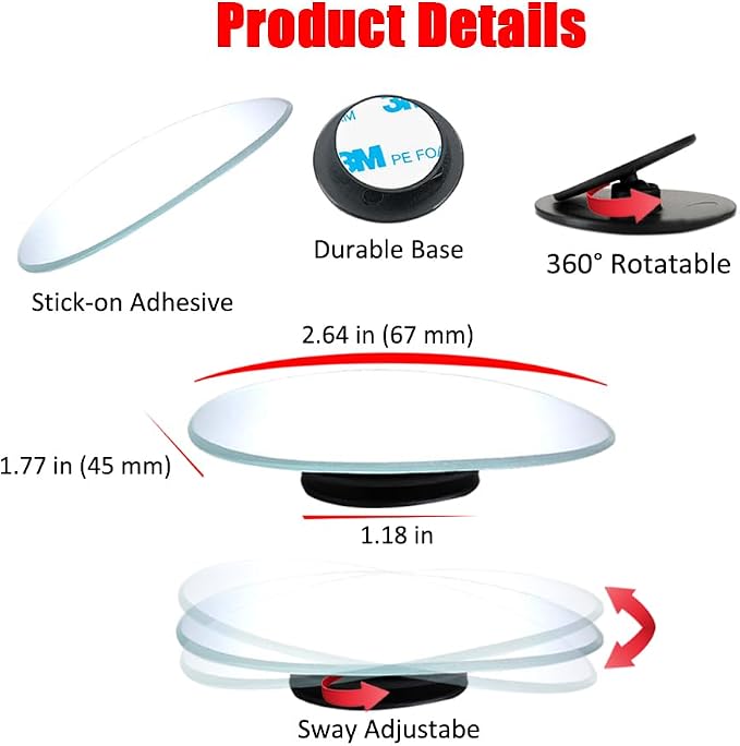 Blind Spot Mirror Oval, HD Glass Frameless Stick on Adjustabe Convex Wide Angle Rear View Blind Spot Car Mirror for Car Blind Spot, Pack of 4