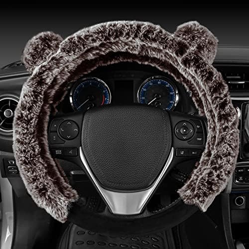 Bear Fur Steering Wheel Cover, Plush Faux Fur Fuzzy Steering Cover for Car Truck Van SUV, Standard Size Fits Wheels 14.5-15 in Diameter, Brown with Ears