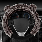 Bear Fur Steering Wheel Cover, Plush Faux Fur Fuzzy Steering Cover for Car Truck Van SUV, Standard Size Fits Wheels 14.5-15 in Diameter, Brown with Ears
