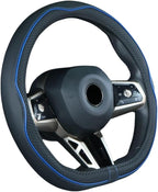 Flat Bottom Steering Wheel Cover Anti-Slip,Safety,Soft,Breathable,Durable,Full Surround,Comfortable Grip Microfiber Leather (D Shape, Black Dark Blue)