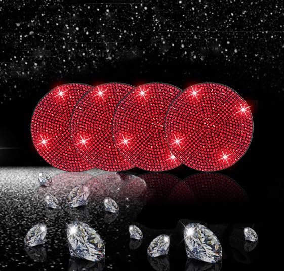4pcs Bling Car Cup Holder Coaster, 2.75 inch Anti-Slip Shockproof Universal Fashion Car Coasters Insert Bling Crystal Rhinestone Automotive Interior Accessories for Women (4 pcs, Red)