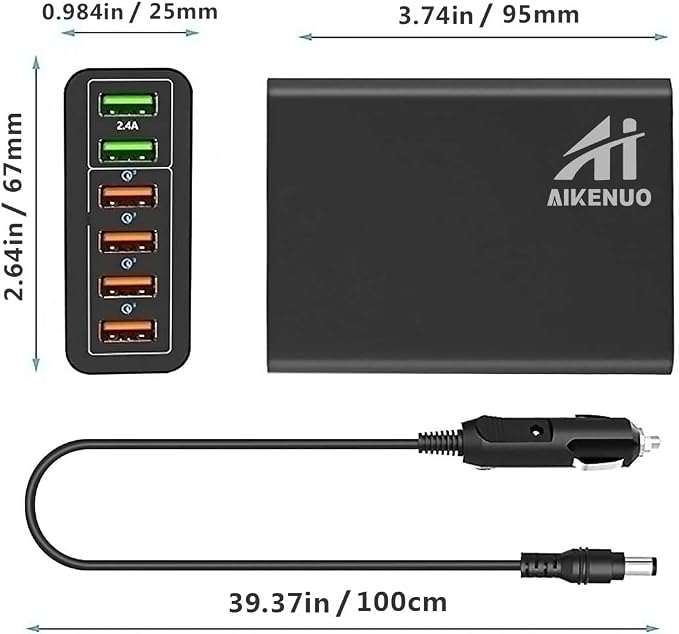 Multi Ports USB Car Charger, 96W 6 Port QC3.0 Fast Adapter Multiple Ports, with Four Quick Charge 3.0 Port, 12V-24V Multi Device Cigarette Lighter for Smart Phone & Tablets Charging