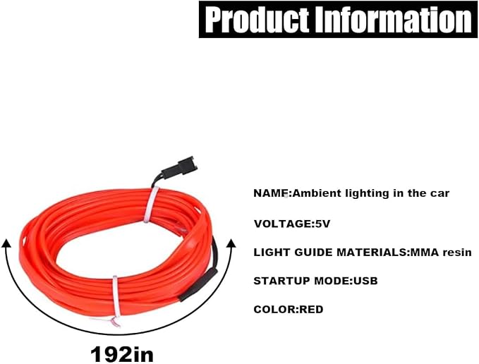 EL Wire Interior Car LED Strip Lights, USB Car Neon Light Strip with Sewing Edge, 16FT Neon Light 5V with Fuse Protection, Electroluminescent Car Indoor Decorations (Red)