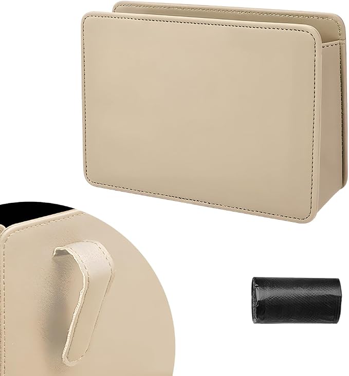 Car Trash Can, Foldable Leather Automotive Garbage Bin Organizer Holder with One Roll Trash Bag, Multi-Function Mini Hanging Dustbin Storage Bag Container for SUV Truck RV (Beige)