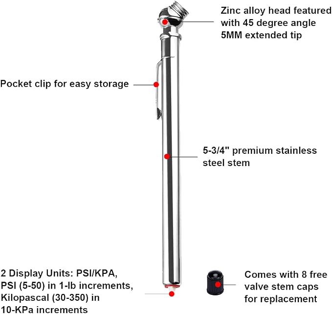 CZC AUTO Tire Pressure Gauge Heavy Duty Mechanical Air Gauge Stainless Stem Single Chuck with Pocket Clip for Truck Motorcycle Bike Car RV SUV ATV, 5-50PSI 30-350KPa (2 Pack)
