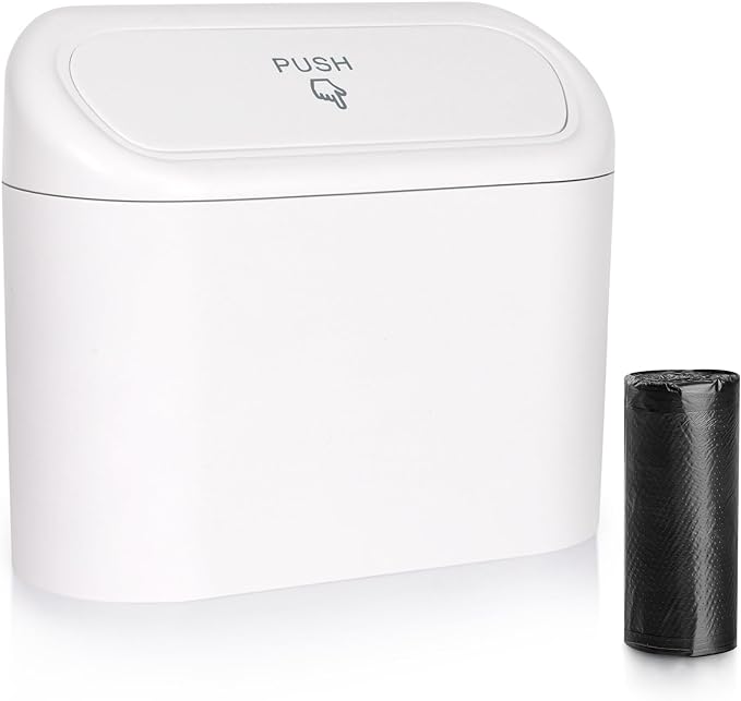 Car Trash Can with Lid, Vehicle Dustbin Garbage Organizer Holder with One Roll Bag, Mini Leakproof Storage Bin for Auto, SUV, Office (White)