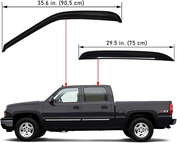 Outside-Mount Window Visor, Fit 2001-2007 Chevrolet Silverado & GMC Sierra 1500 (HD)/2500 (HD)/3500, Crew Cab; 2000-2006 Chevy Avalanche & Suburban, Cadillac Escalade EXT, GMC Yukon XL, Smoke, 4-Pcs