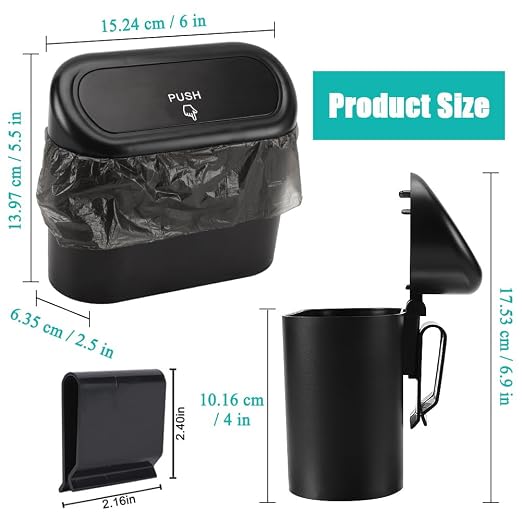 2 Pack Car Trash Can with Lid, Mini Auto Dustbin, Leakproof Vehicle Garbage Bin with 90pcs Trash Bags, Multipurpose Interior Accessories Storage Container Cute Garbage Bin for Car, Office, Home