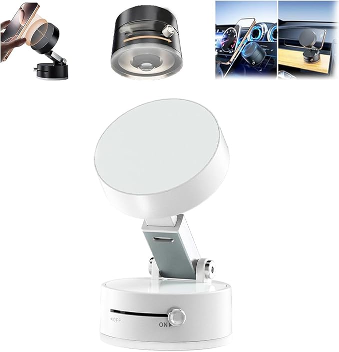 Foldable Magnetic Vacuum Phone Holder, 360° Electric Suction Car Mount, Double-Sided Swivel Stand for Car, Mirror, Gym, Kitchen, Hands-Free Portable Phone Holder (Wihte)