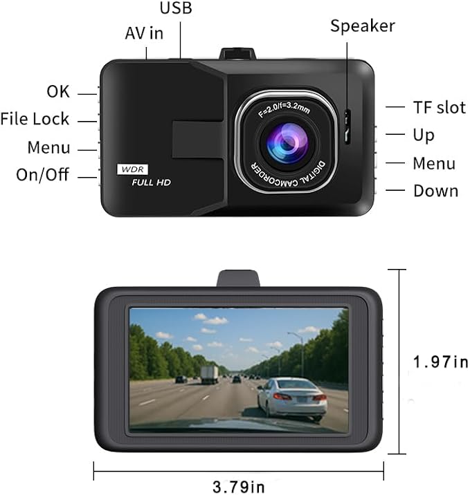 3-inch Dash Cam for Cars, 1080P HD car Camera, Wide-Angle Driving Recorder with Night Vision, Loop Recording, Video Motion Detection