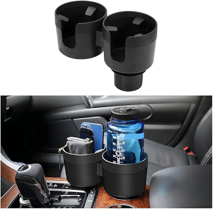 Car Cup Holder Expander, 2 in 1 Multifunctional Vehicle Dual Water Bottle Holder Adapter Extender with Adjustable Base, Automotive Interior Drink Cup Insert, Universal Fit (Black)