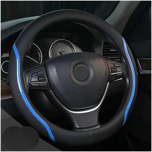 Steering Wheel Cover Blue and Black Leather Universal 14.5-15 inch | Carbon Fiber Car Steering Wheel Covers with Coasters Microfiber Breathable Anti-Slip Steering Wheel Accessories Set