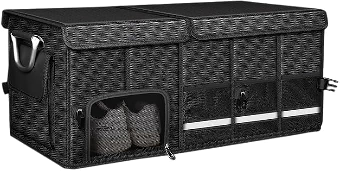 Trunk Organizer with Dedicated Shoe Compartment, Foldable Car Storage Organizer for SUV Sedan, Sturdy Automotive Organizer for Car Accessories Tools Sundries Black (X-Large)