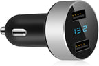 2 USB Car Charger,12V/24V Voltage Meter, Silver | Cigarette Lighter USB Adapter with LED Voltage Meter, 12V/24V Car Charger compatible for iPhone, Samsung, iPad, GPS, Dash Cam