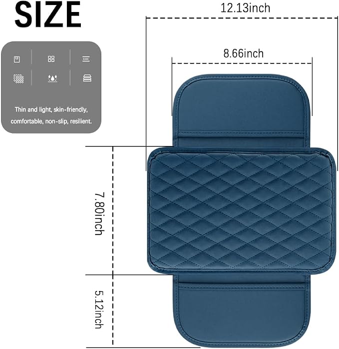 carleef Arm Rest Cover for Car,Leather+Memory Foam Center Console Cover with Storage Bags,Universal Middle Console Cover Car Accessories Interior for Most Cars Center Consoles (Blue)
